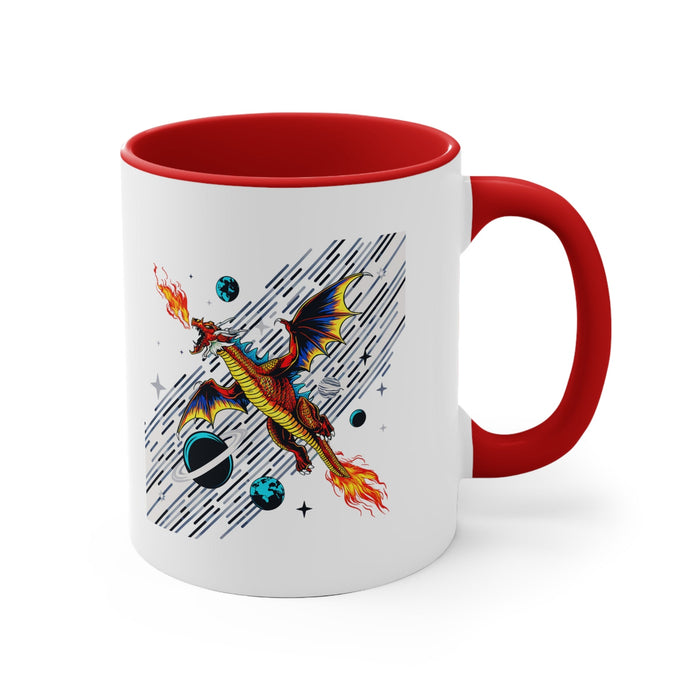 White mug with red rim and handle, space dragon graphic shown across the side