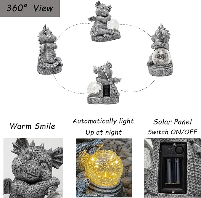 Garden dragon figurine solar light diagram showing multiple views and solar panel switch