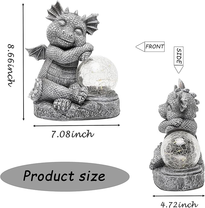 Dragon figurine size diagram with front and side views and glowing orb on base