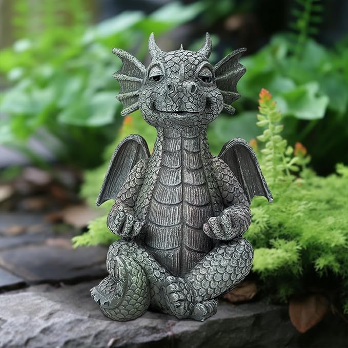 Garden dragon meditation statue figurine, gray stone-look, wings and clasped hands