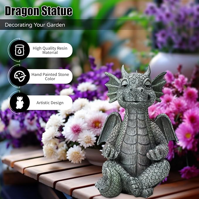 Garden dragon meditation statue figurine, gray with spiky wings, seated pose in garden