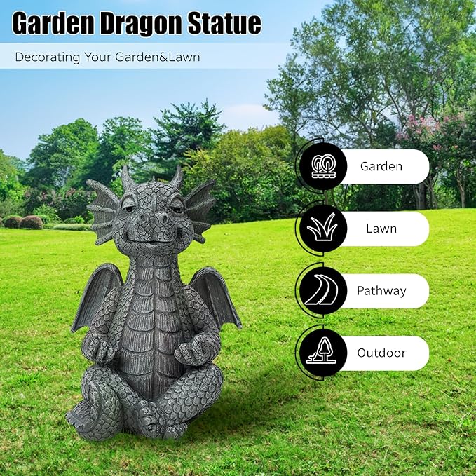 Garden dragon meditation statue figurine, gray stone-look, seated on lawn with wings