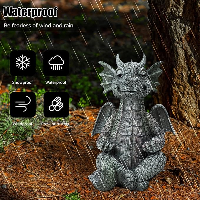 Garden dragon meditation statue figurine, gray stone-look, seated with wings in rain