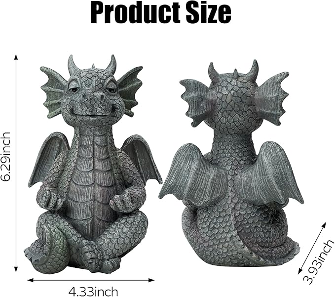 Garden dragon meditation statue figurine, gray stone-look, size shown with measurements