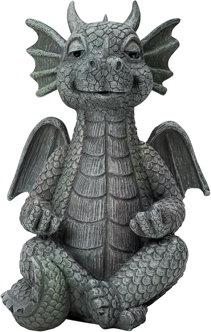 Garden dragon meditation statue figurine, gray stone-look, close-up seated with wings