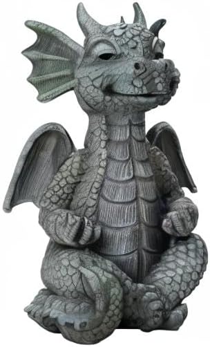 Garden dragon meditation statue figurine, gray stone-look, side view with wings and claws