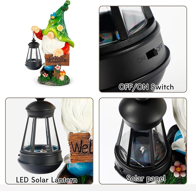 Green gnome solar lantern figurine with ON/OFF switch and solar panel closeups