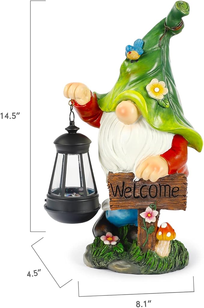 Green garden gnome resin statue with solar lantern and welcome sign, size diagram