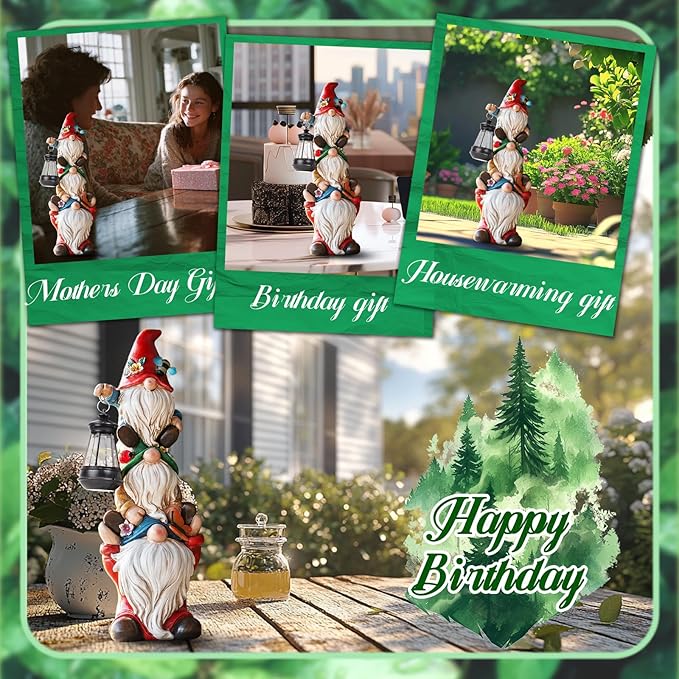Triple gnome solar lantern statue shown in gift cards with day and garden settings
