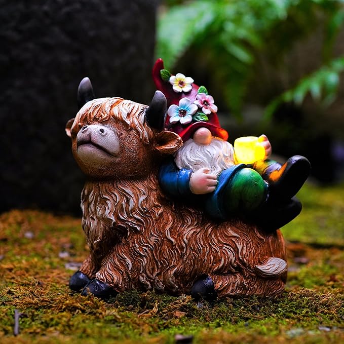 Gnome on highland cow garden statue holding a glowing solar cup light