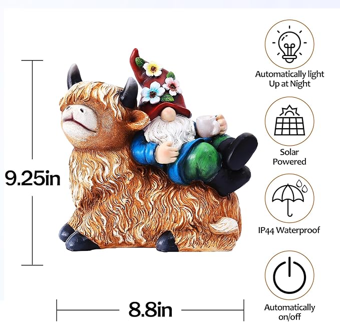 Highland cow gnome outdoor statue with solar cup light, front view and size markings