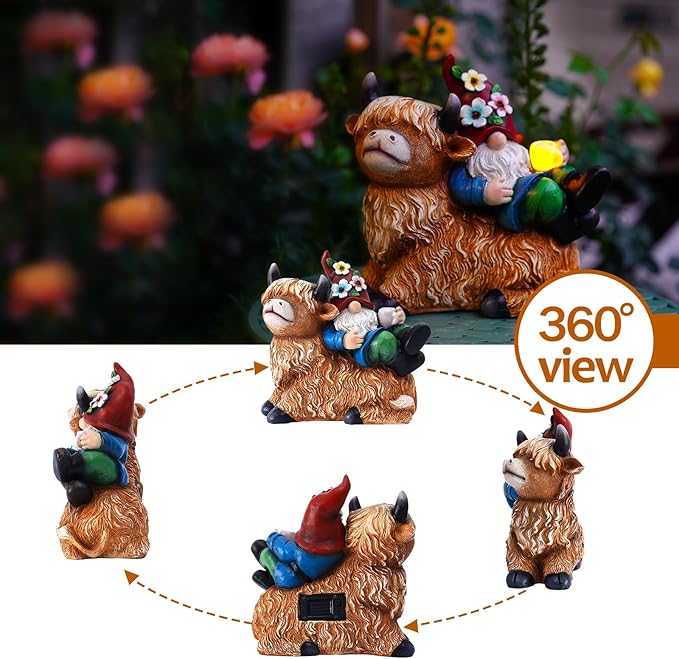 Set of angles of gnome on highland cow garden statue with solar cup light
