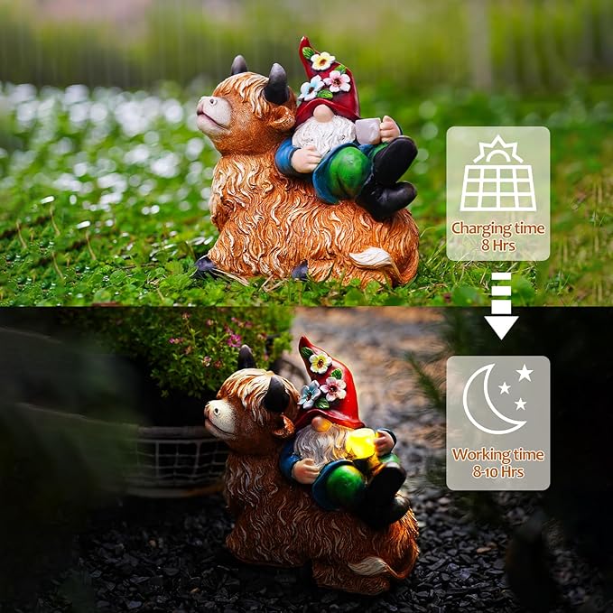 Gnome on highland cow solar garden statue on path stones with bright cup light