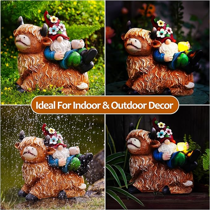 Gnome on highland cow garden statue for indoor and outdoor decor, solar cup light