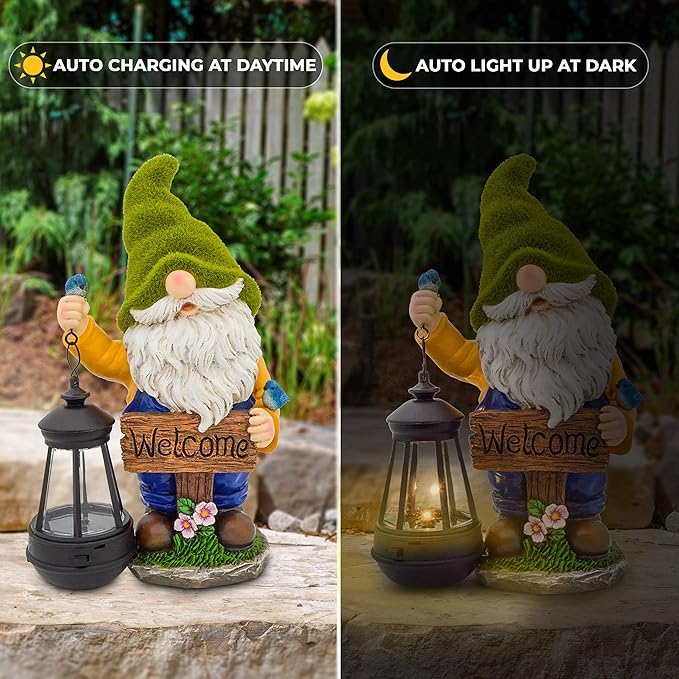 Garden gnome statue holding a solar lantern, with day and night light views