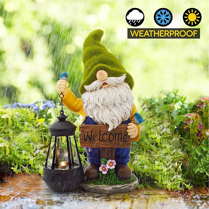 Green-hat garden gnome figurine with white beard and lit solar lantern in outdoor grass
