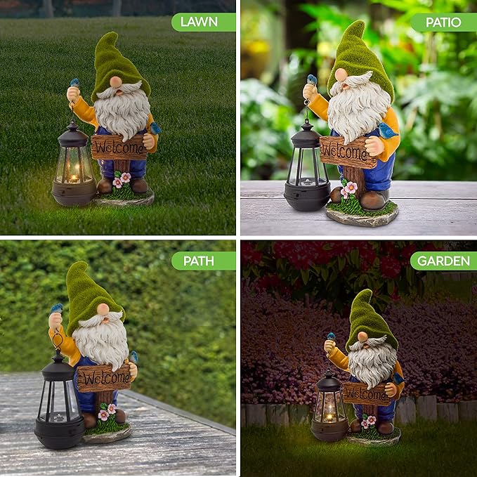 Green-hat garden gnome statue with solar lantern and “Welcome” sign shown in multiple outdoor areas