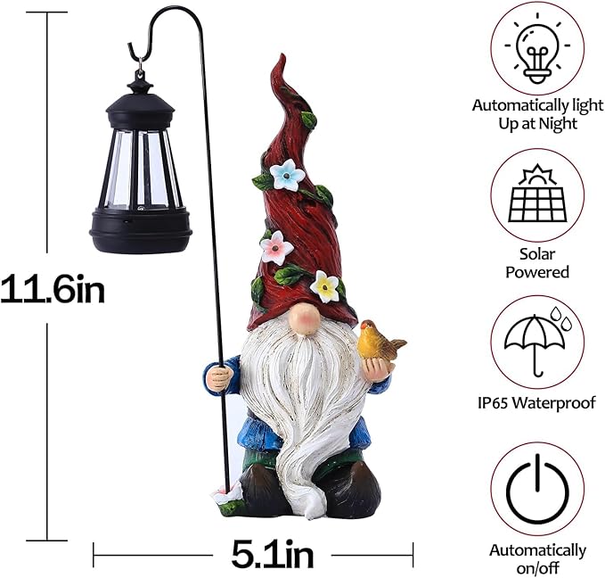 Full view solar gnome statue with red pointed hat, white beard, and black lantern