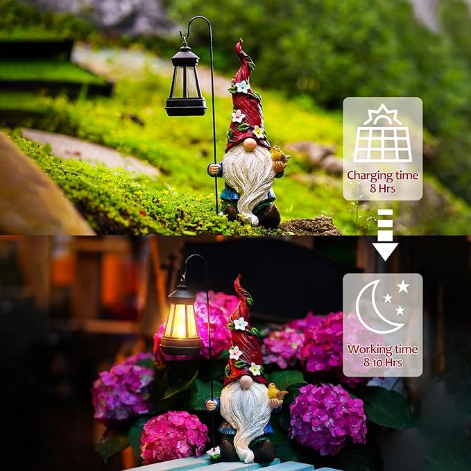Solar gnome statue with red hat and white beard beside a black lantern in the garden