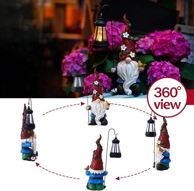 Multiple solar gnome lantern statues, red hats, white beards, and black lanterns shown