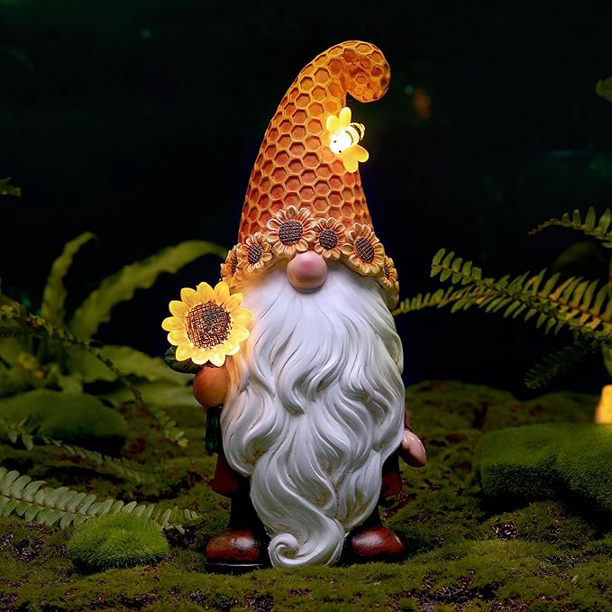 Sunflower solar LED garden gnome statue with honeycomb hat and white beard