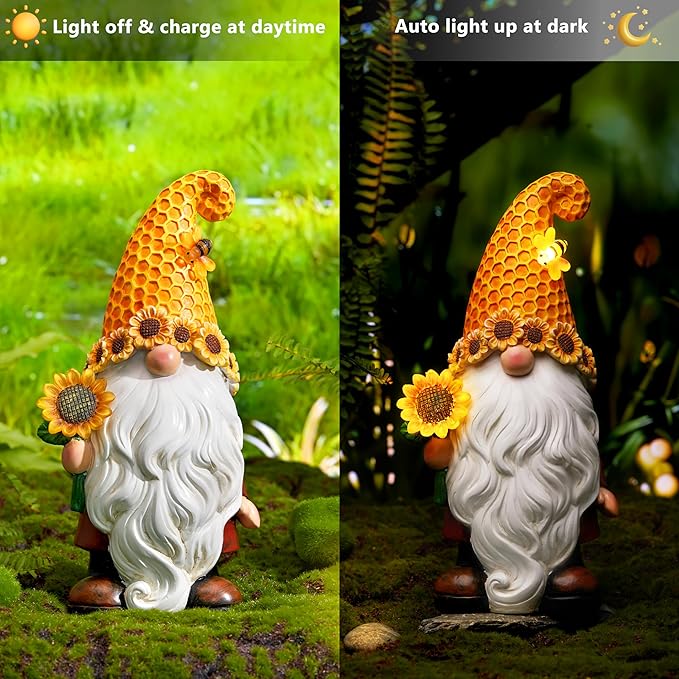 Solar LED garden gnome statue with honeycomb hat sunflower details and glowing white beard