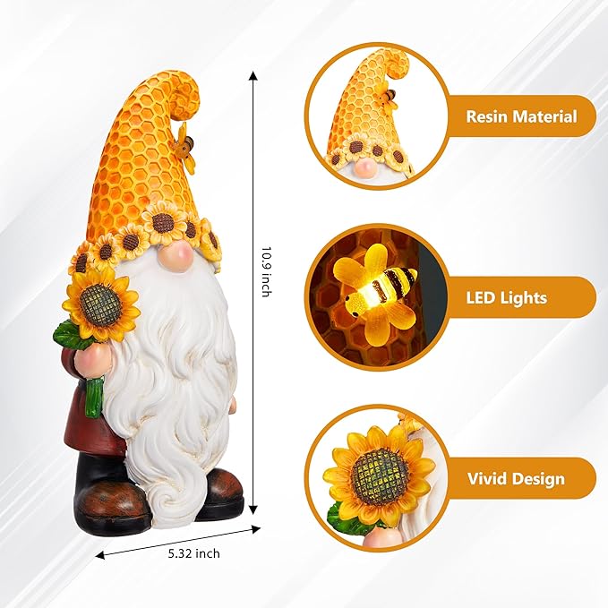 Resin solar LED garden gnome with honeycomb sunflower hat and white beard, 10 in tall