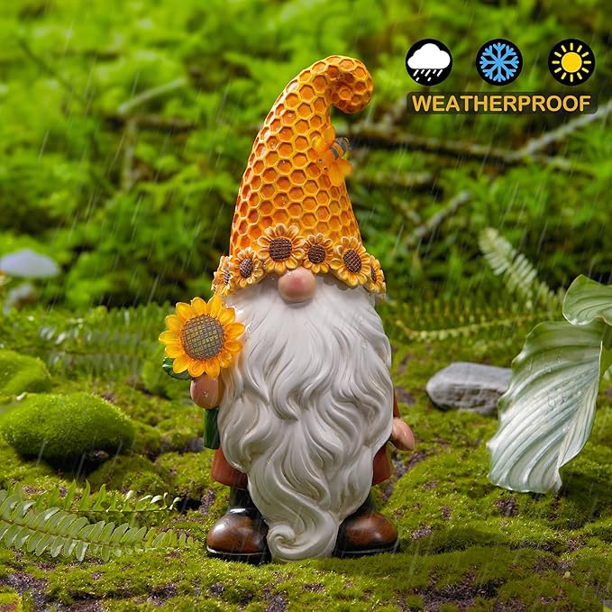 Outdoor solar LED garden gnome statue with honeycomb hat, sunflower accents, and white beard