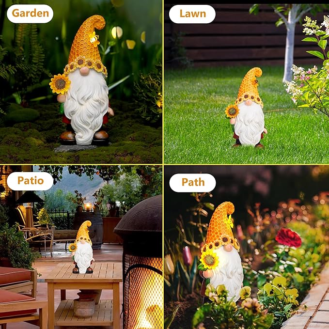Solar LED garden gnome statue in honeycomb sunflower hat with white beard, standing on grass