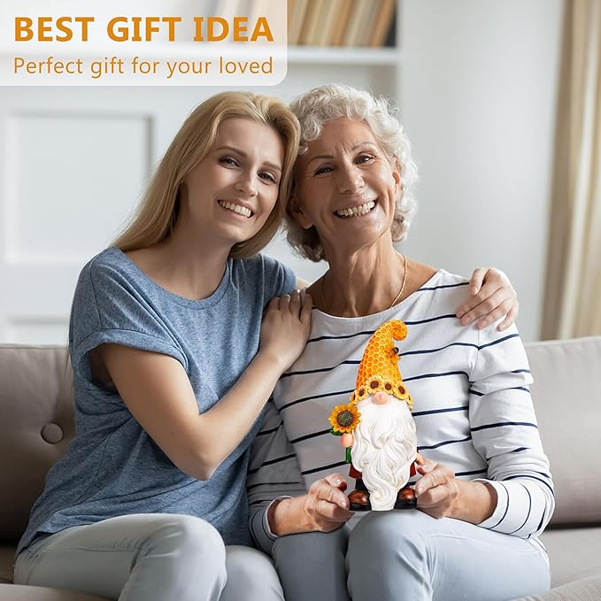 Sunflower solar LED garden gnome statue held by two people, honeycomb hat and white beard