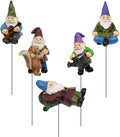 Set of 5 miniature garden gnome stakes with purple and green hats; holding books and tools