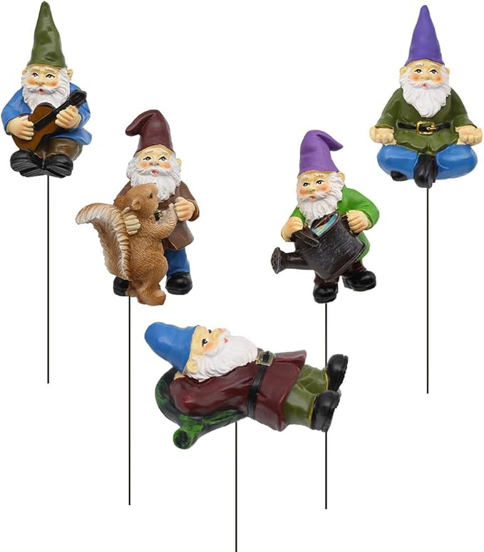 Set of 5 miniature garden gnome stakes with purple and green hats; holding books and tools