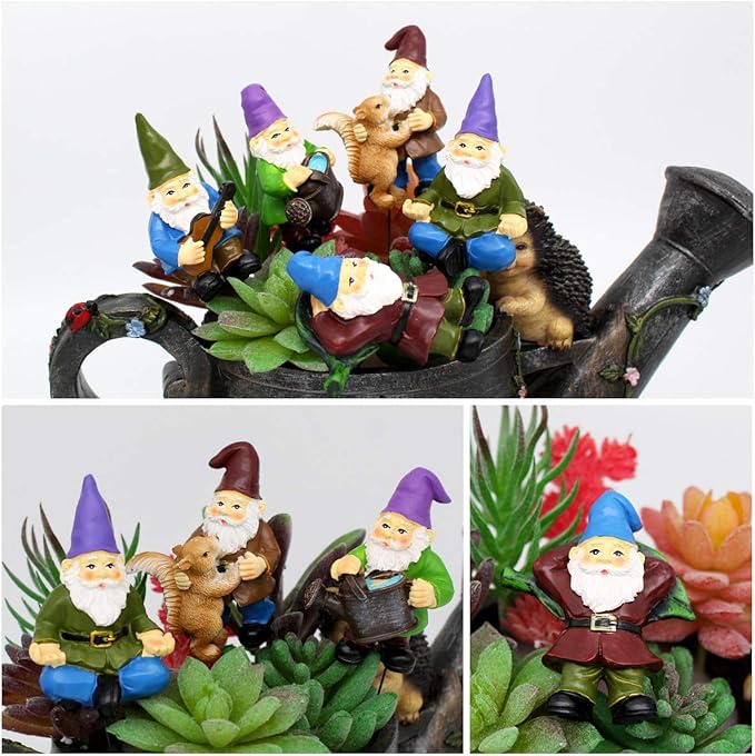 Miniature gnome figurines set with purple hats in succulent planter, shown from multiple angles