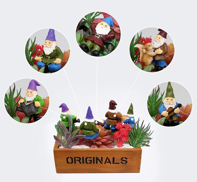 Miniature gnome garden figurine set with close-up icons on packaging display