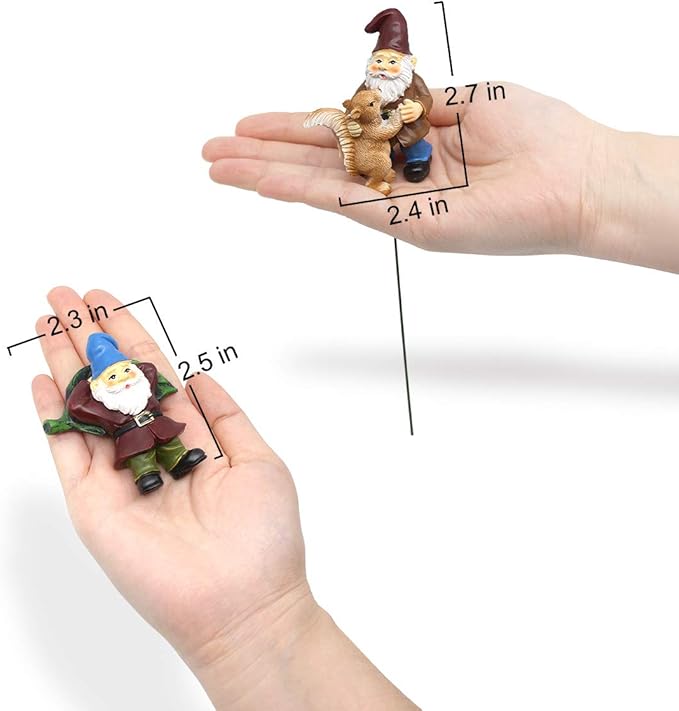 Miniature gnome figurines in hand for scale, about 2.3 in and 2.4 in tall