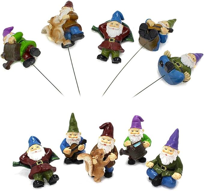 Set of 5 miniature gnome figurines standing with books, tools, and purple hats