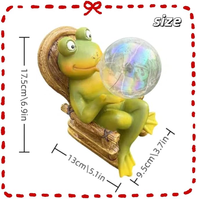 Garden frog statue holding glowing bubble light, size diagram with red dashed border