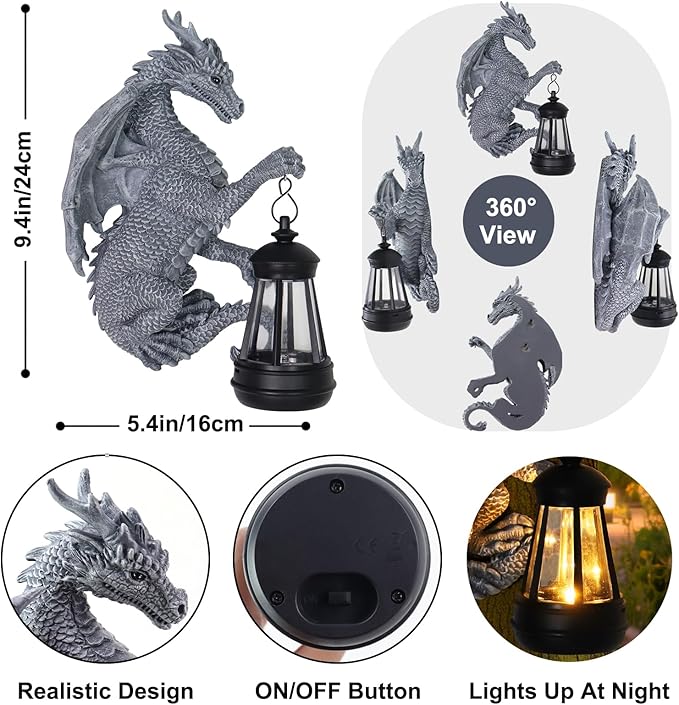 Gray dragon statue holding solar lantern, front and side view set