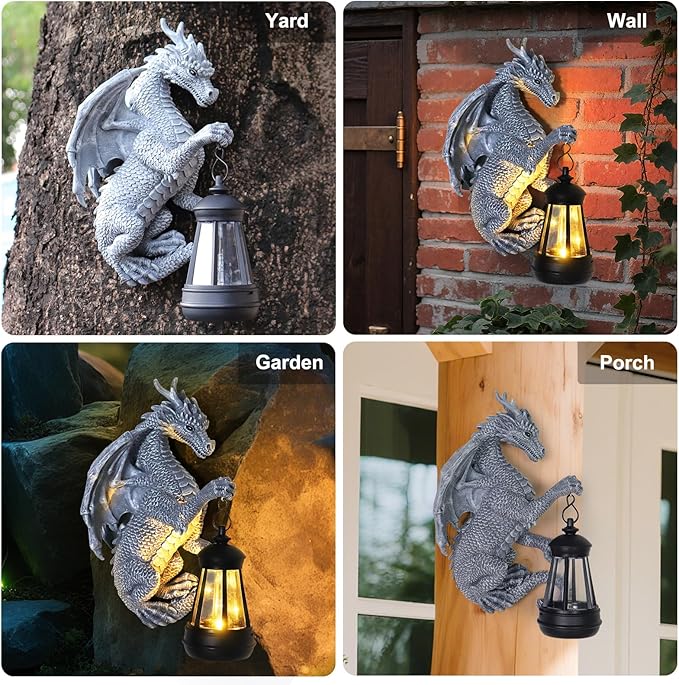Gray dragon tree-hugger statue with solar lantern, yard wall porch angles