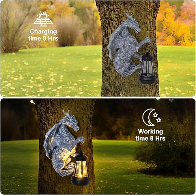 Gray dragon statue hugging a tree with solar lantern, warm light at night