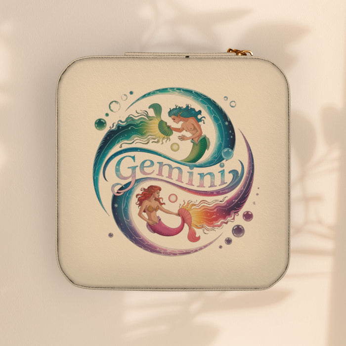 Ivory compact jewelry travel case with Gemini graphic on front and zipper closure