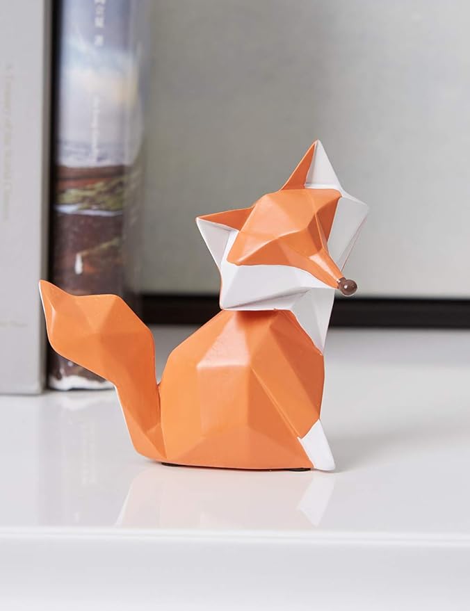Geometric Fox Figurine - Hand-Painted Red and White Polyresin Animal Sculpture for Desk, Shelf, Bookcase, and Home Decor