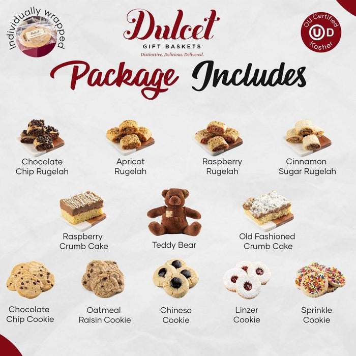 Dulcet pastry gift tin package includes assorted cookie varieties and a teddy bear