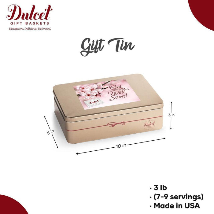 Dulcet gift tin with “Get Well Soon” card, shown with size and weight details