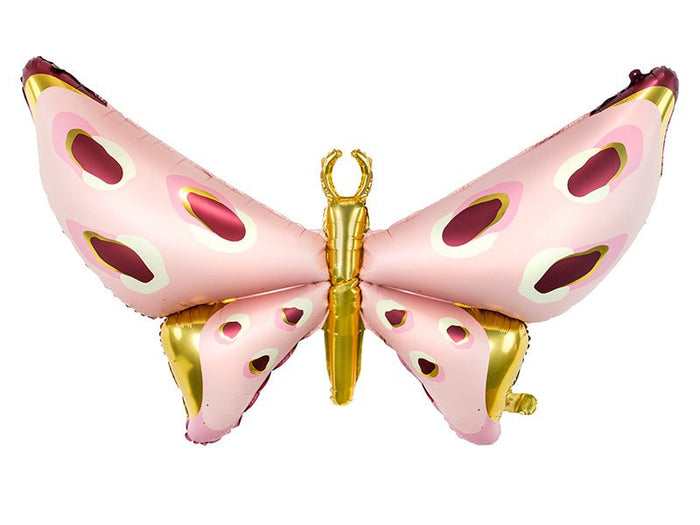 Pink butterfly foil balloon with gold center and oval spots, symmetrical wings.