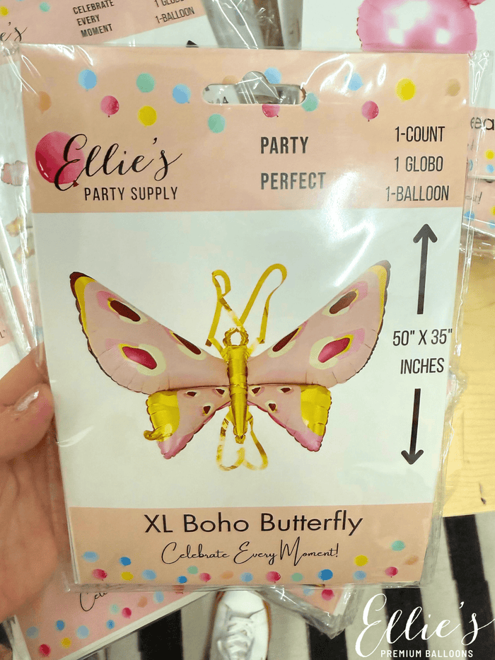 Party supply bag for XL boho butterfly foil balloon, pink butterfly with gold body.