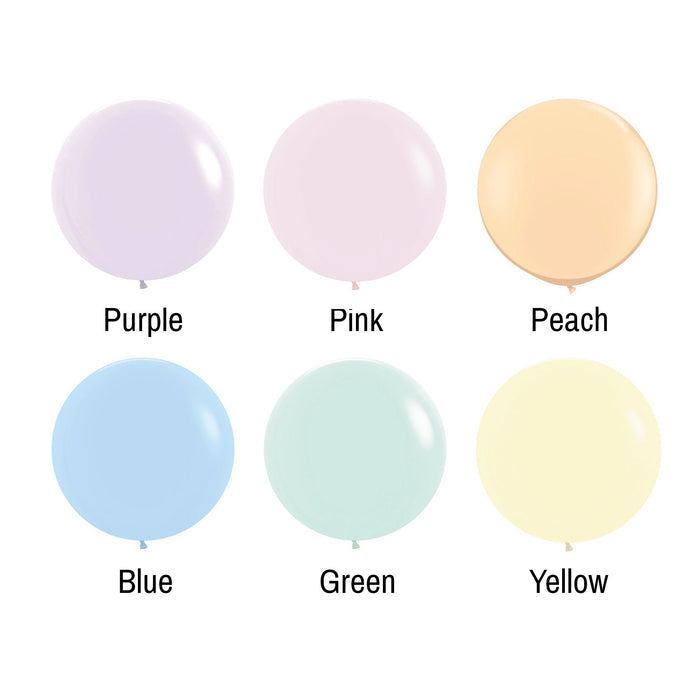 Pastel balloon color chart showing purple, pink, peach, blue, green, and yellow balloons