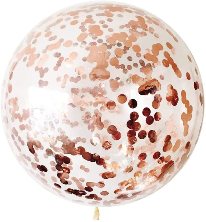 Giant rose gold confetti balloon close-up with metallic rose-gold speckle pattern