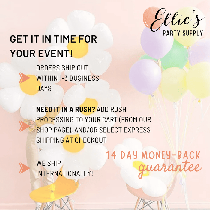 Pastel balloon cluster with informational text panel for event shipping