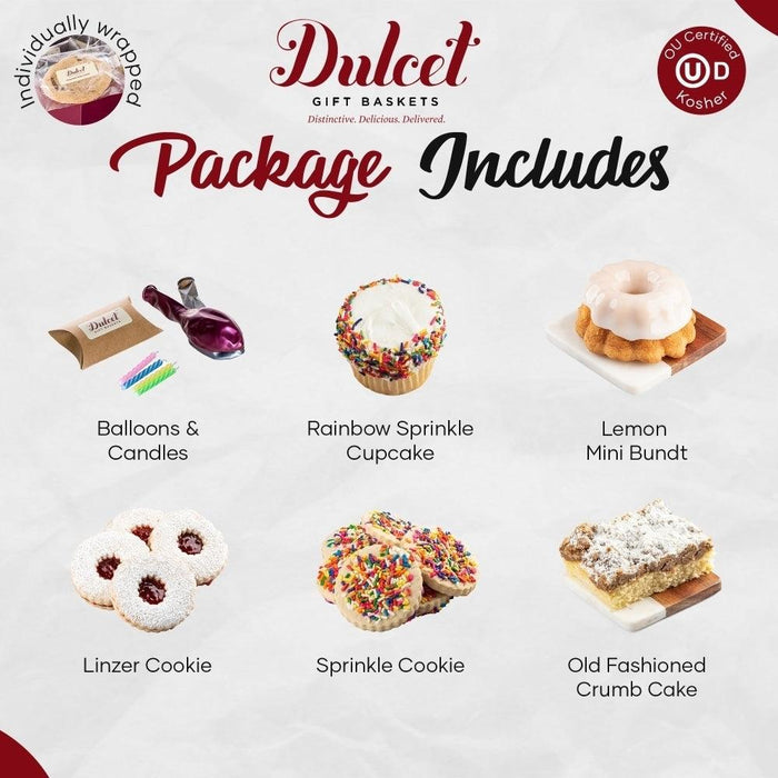 Dulcet gift basket package chart showing cupcakes, cookies, and crumb cake pieces